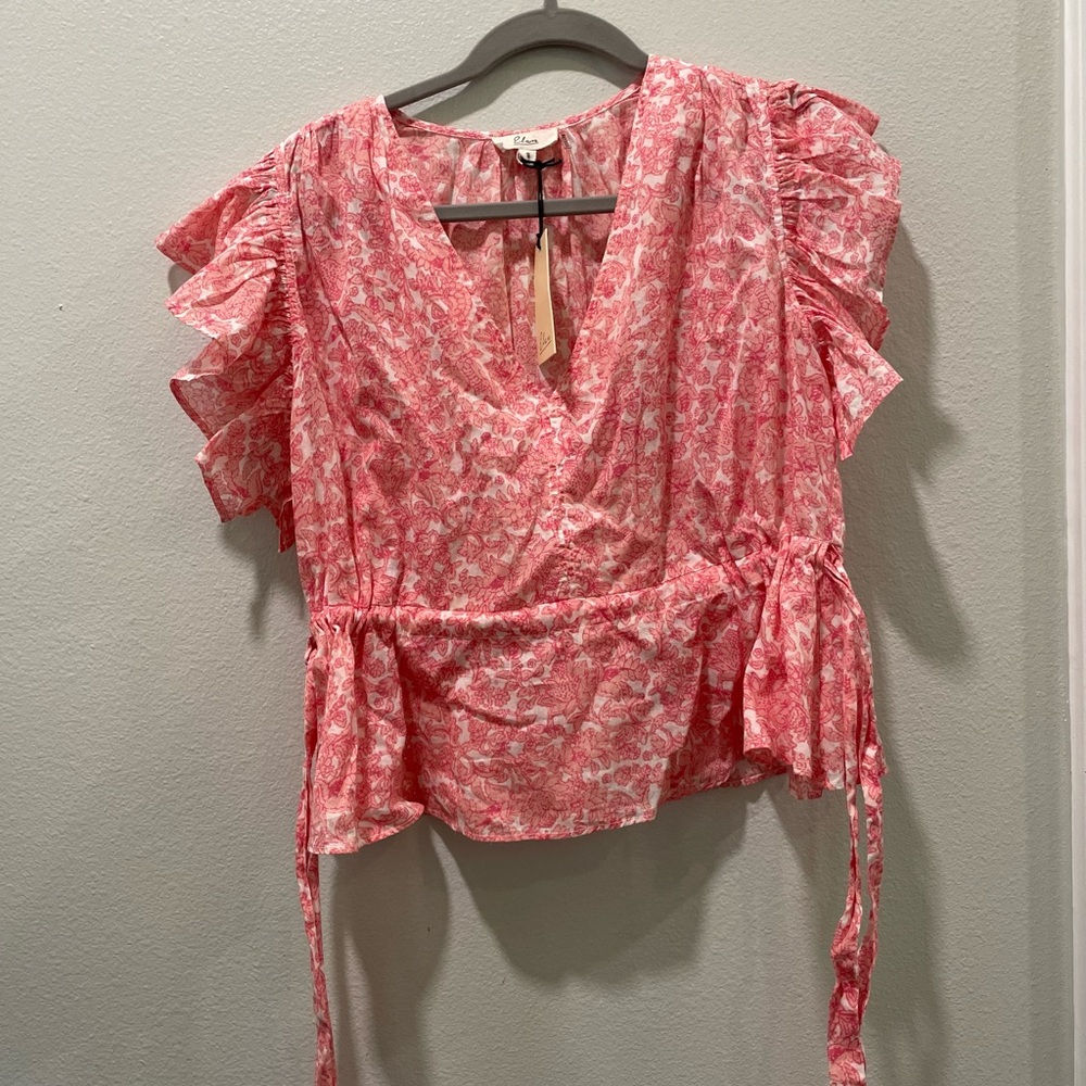 Elan Flutter Ruffle Sleeve Tie Side Blouse